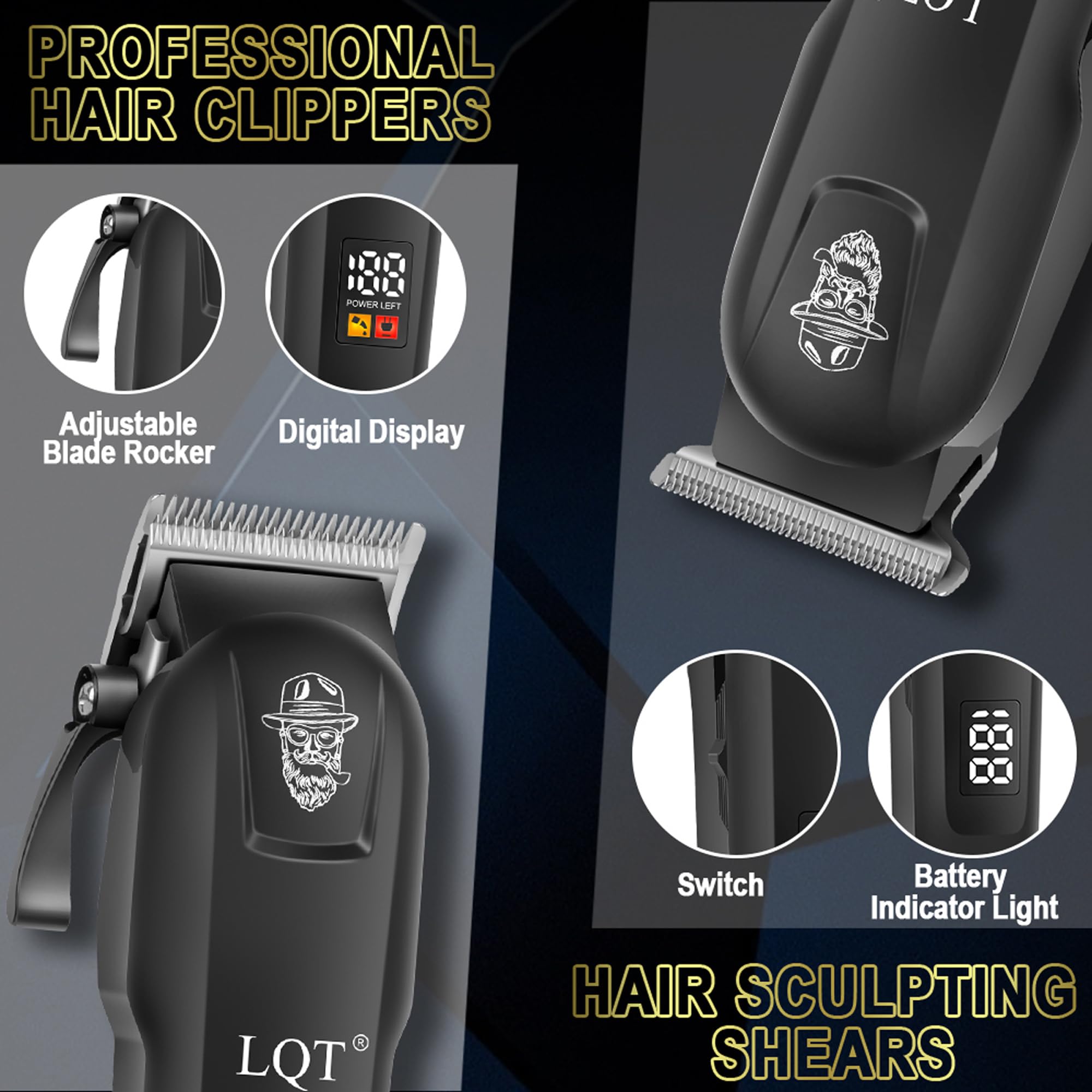 Hair Clippers for Men, 4-Piece Professional Grooming Kit Includes Hair Clipper, LED Power Display,Detail Trimmer and Nose Trimmer, Complete Cordless Set for Home Barber Use (Black)