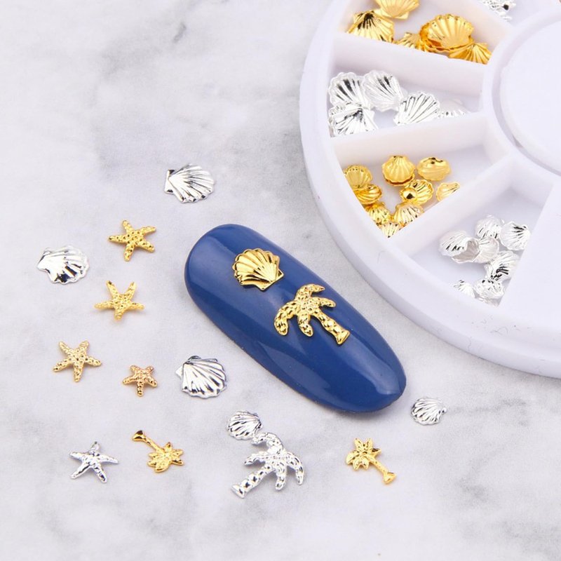 YECIRALA 6 Box Gold And Silver Ocean Nail Charms Nail Art Studs Beach Starfish Sea Seashell Stars Moons Nail Charms Decals Gold Metal 3d Nail Gems Jewelry For Manicure DIY Nail Embellishments