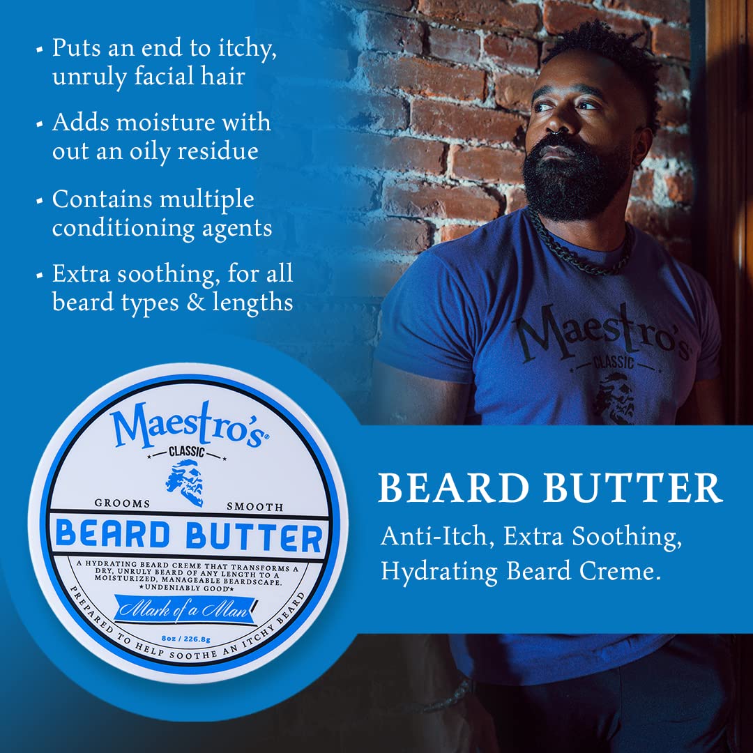Maestro's Classic BEARD BUTTER | Anti-Itch, Extra Soothing, Hydrating Beard Creme For All Beard Types & Lengths- Mark of a Man Blend, 2 Ounce