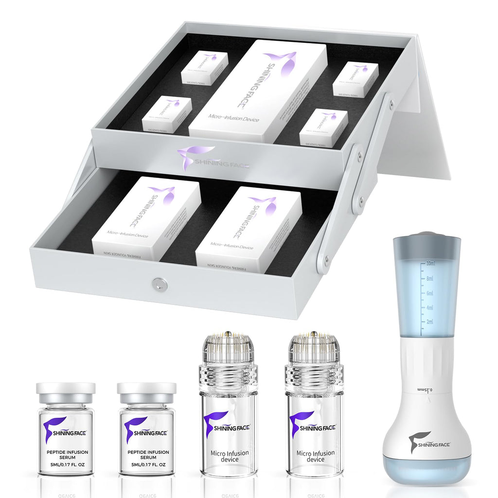 Micro Infusion System for Face & Neck-Micro Infusion Kit to Leave Skin Firmer & Smoother-0.25mm Facial Stamp with Collagen & Hyaluronic Acid Serum for At Home Glow and Anti-aging-1 Month Supply