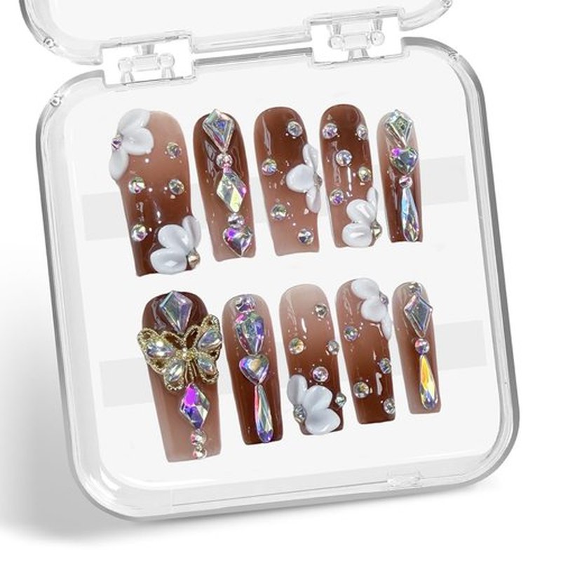 Generic Rhinestone Press On Nails Luxury Handmade Long Coffin Acrylic Nails 3D Flower Butterfly Designs Gradient Thick Fake Nails Full Cover Stick On Nails for Women Nails Manicure Decor (10pcs/box)