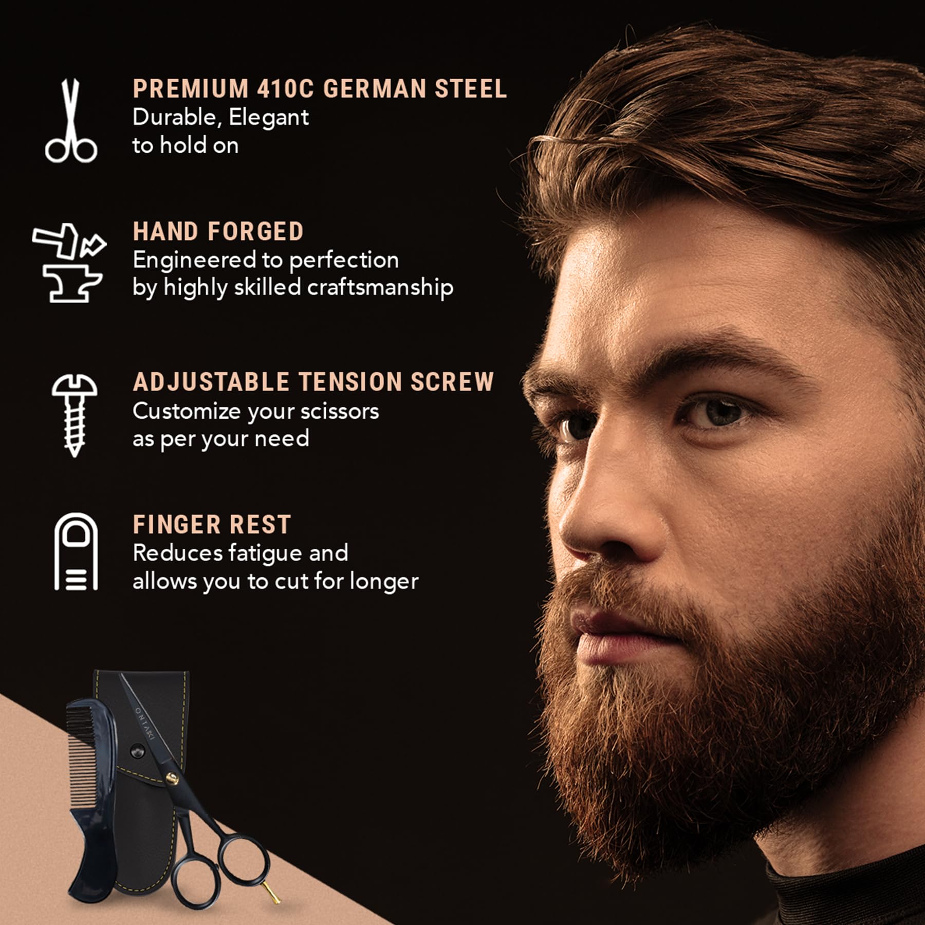 Ontaki Beard and Mustache Trimming Scissors & Combs for Men - 5" Black