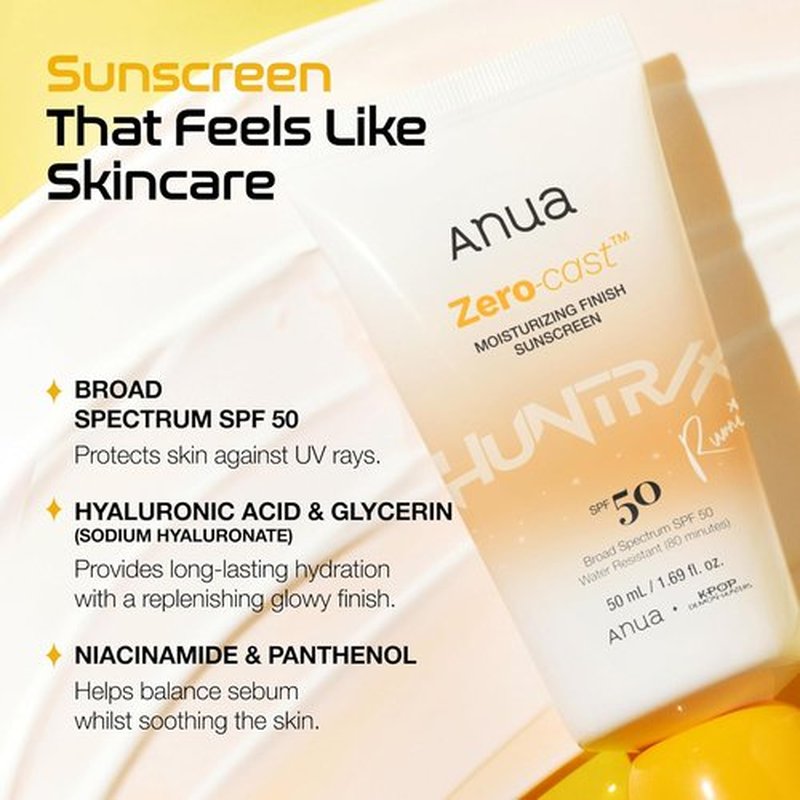Anua Zero-Cast Moisturizing Sunscreen SPF 50 - Glow Natural Formula with Hyaluronic Acid & Niacinamide | Oil-Free, 1.69 fl oz