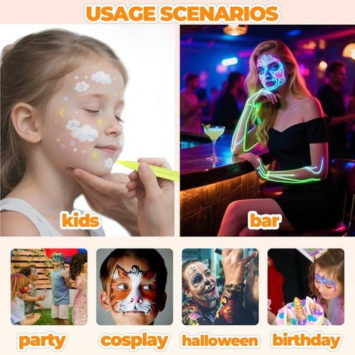 26 Colors Temporary Tattoo Markers for skin Body Marker Face Paint Pen, Face Painting Markers 138 pcs Tattoo Stencils for Adults, Glitter&Matte & Neon Glow Washable Cosmetic-Grade Body Art Pen