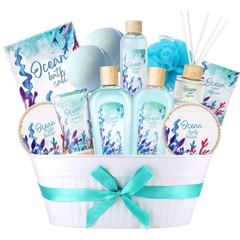 BODY & EARTH Ocean Spa Gift Baskets for Women Gifts for Women Bath and Body Gift Sets 11pcs Bath Sets for Women Gift Mothers Day Gifts Spa Gifts Baskets for Mom