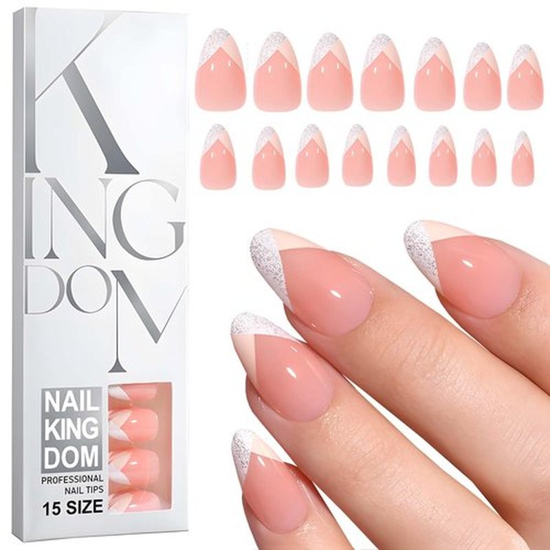 LoveHome 150pc French Tips Press on Nails Short Almond Fake Nails with Glue Tab, Nude Short Nails Press on Nail Almond Glue on Nails Geometric French Acrylic Nail Artificial Fingernail for Women
