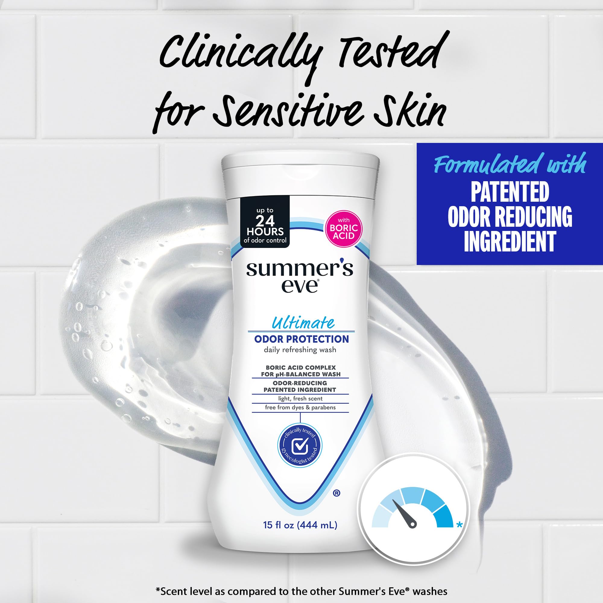Summer's Eve Ultimate Odor Protection Daily Feminine Wash, pH-Balanced Formula Body Wash for Women with Boric Acid Helps Control Vaginal Odor, 15 Fl Oz