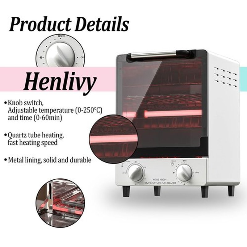 High Temperature Sterilizer, Large Capacity Dry Heat Stainless Steel Sterilizer with Temp and Timer Control, Max timing 60min, Max temperature 250℃ (482℉), With Stainless Trays, 110V power