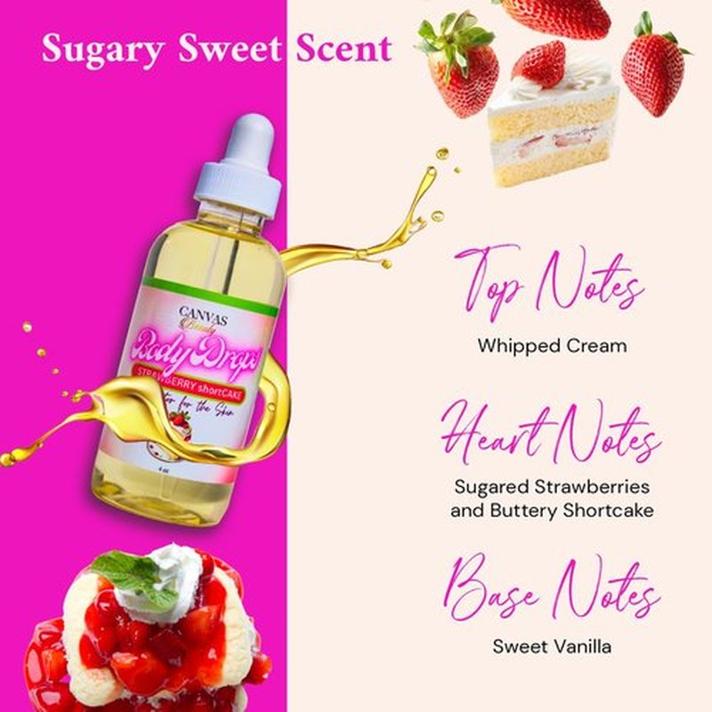 Canvas Beauty Body Drops – Strawberry Shortcake Scented Body Oil with Coconut Oil, Hydrating Fragrance Body Drops for Soft Glowing Skin, 4 oz