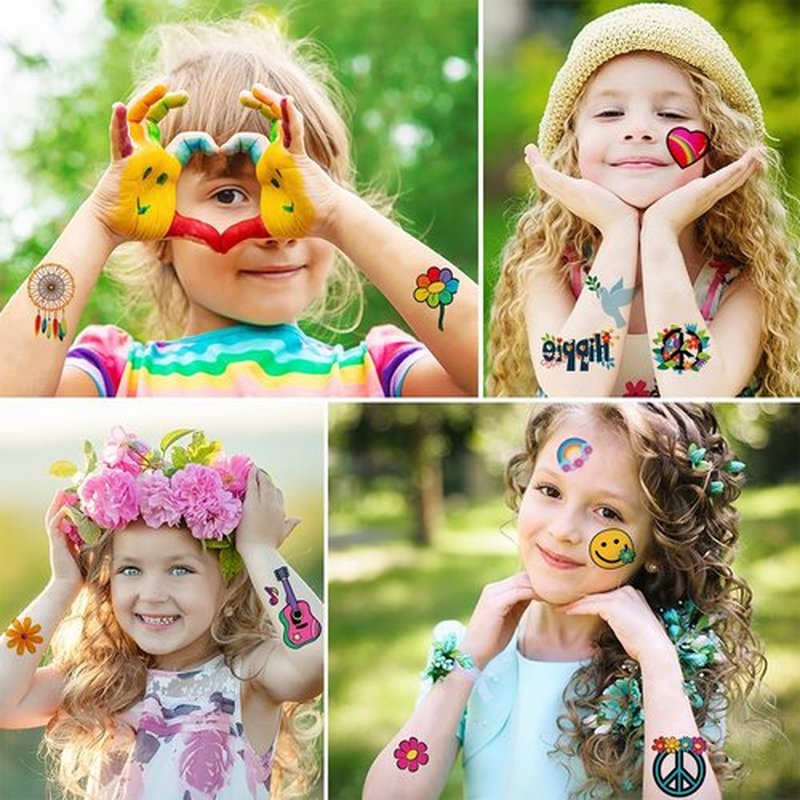 100PCS Groovy 70s Temporary Tattoos-10 Sheets Hippie Tattoo Stickers for Fan Birthday Party Decorations Hand Tattoo Party Favor Party Supplies Gifts for Kids Boy Girl Adult Pretty Christmas Gift
