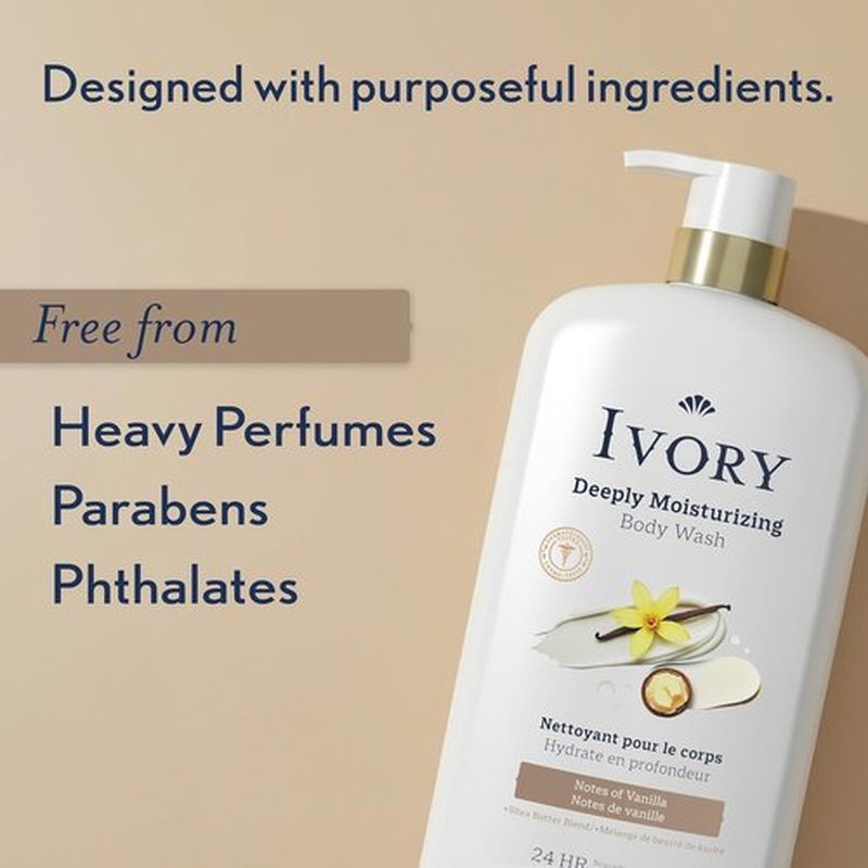 Ivory Body Wash - Deeply Moisturizing Formula with Shea Butter Blend | 24hr Hydration, Vanilla Scent, 27 oz