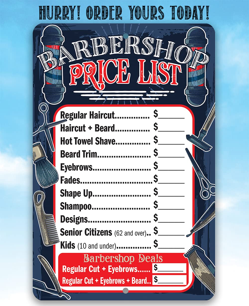 Barbershop Price List - Durable Metal Sign - Use Indoor/Outdoor - Makes a Great Barbershop Decor and Gift for Salon Business Owners - Great Barber Shop Accessories (12" x 18")