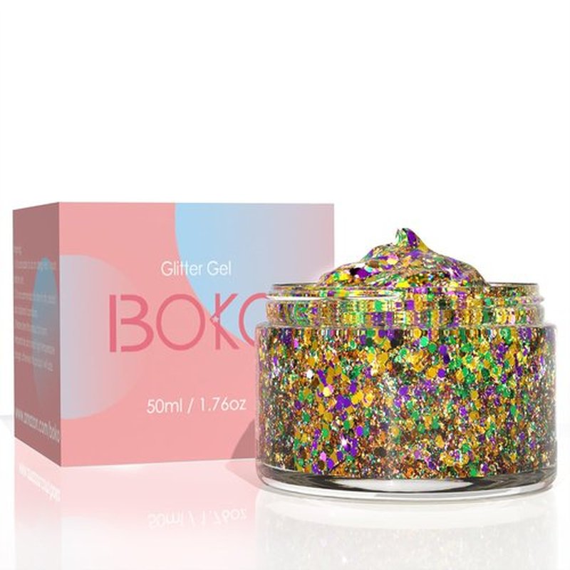 Boko 50ML Body Glitter Gel, Gold Purple Green Mardi Gras Chunky Glitter Gel for Face Hair Body Sparkle Makeup, Cosmetic Face Glitter Sequins for Mardi Gras Festival Concert Party Rave Accessories