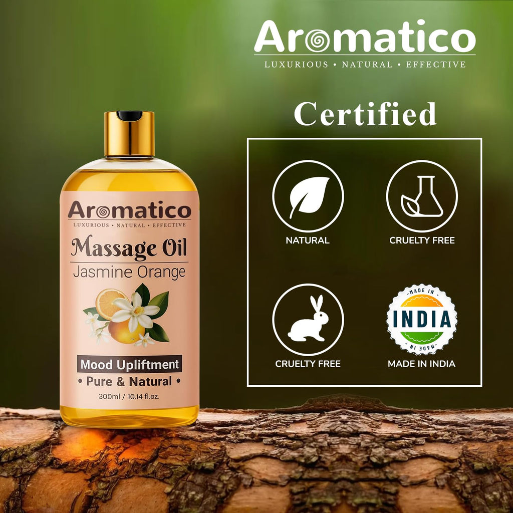 AROMATICO Massage Oil for Massage Therapy with Jasmine & Orange Essential Oils. Infused with Sesame, Almond & Jojoba Oils. Full Body Massage Oil for Mood Upliftment – 10 Fl Oz