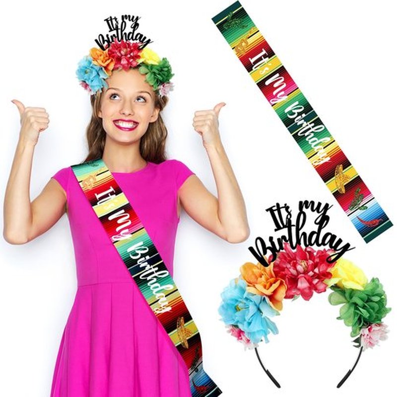 Hoteam 2 Pcs It's My Birthday Headband and Sash Mexican Flower Crowns Cinco de Mayo Satin Sash Fiesta Birthday Tiara Crown for Women