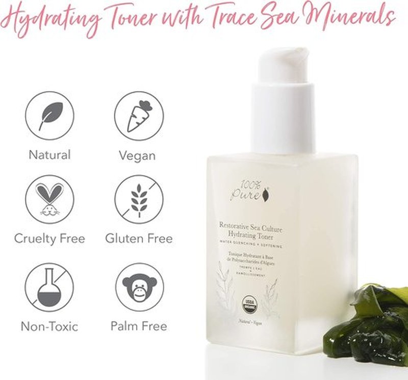 100% PURE Hydrating Toner - Organic Witch Hazel & Sea Kelp with Hyaluronic Acid | Anti-Aging, 4 Fl Oz