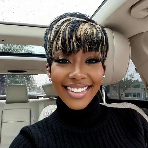 Short Layered Pixie Cut Wig Human Hair for Black Women Multicolor Brazilian Virgin Straight Human Hair Pixie Wigs with Bangs Glueless None Lace Front Full Machine Made Wigs Black and Blonde 1B27