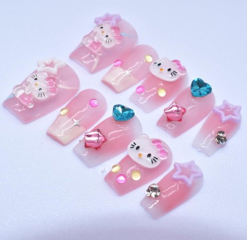 Press on Nails Handmade Short Fake Nails Gel Finished False Nails with Diamond Pearl Stars Charms Cute Cat Square Stick on Nails, Size Small