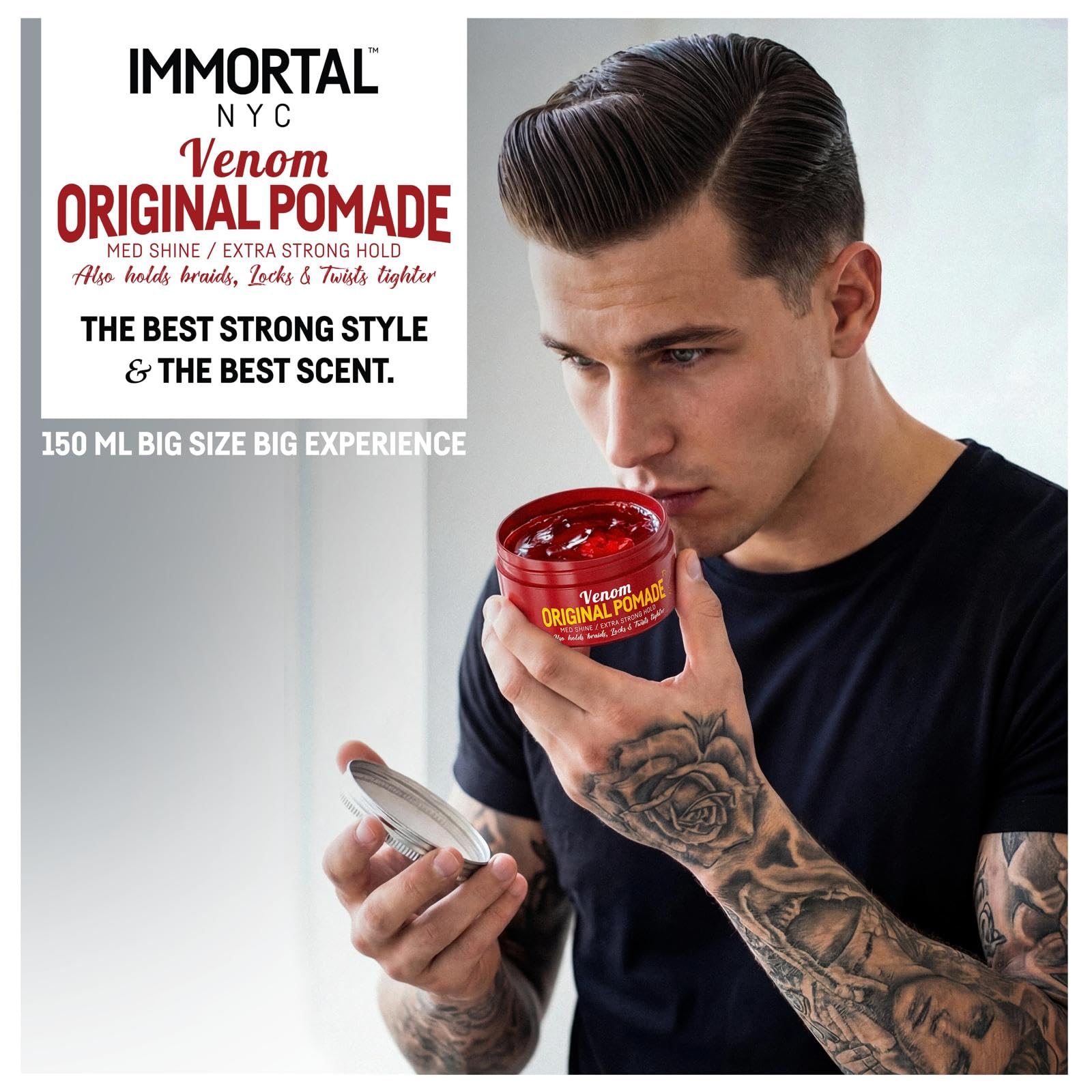 Immortal NYC Venom Original Pomade - 5.07oz/150ml - Extra Strong Firm Hold & Medium/Low Shine - High Definition Professional Men's Hair Styling Pomade - Easy Wash Water-Based Formula