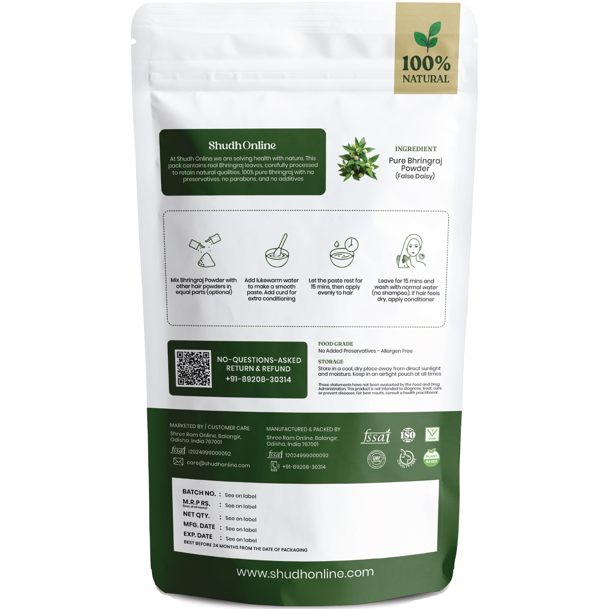 Bhringraj Powder for Hair Growth - Pure Stemless (3.5 oz - 0.2 lb) Eclipta Alba for Hair Growth - False Daisy Herb Bhringraj - Karisalankanni Eclipta Prostrata (100g)