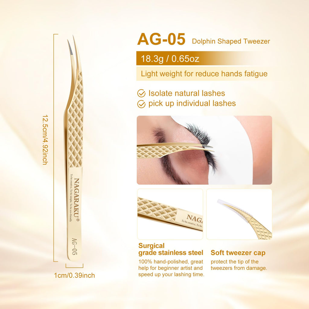 NAGARAKU Precision Fiber Tip Grip Tweezer for Eyelash Extensions Diamond Handle Anti-Static Anti-Slip Premium Gold Stainless Steel Eyelashes Curved Tweezers Supplies with Box(Dolphin Tweezer AG-05)