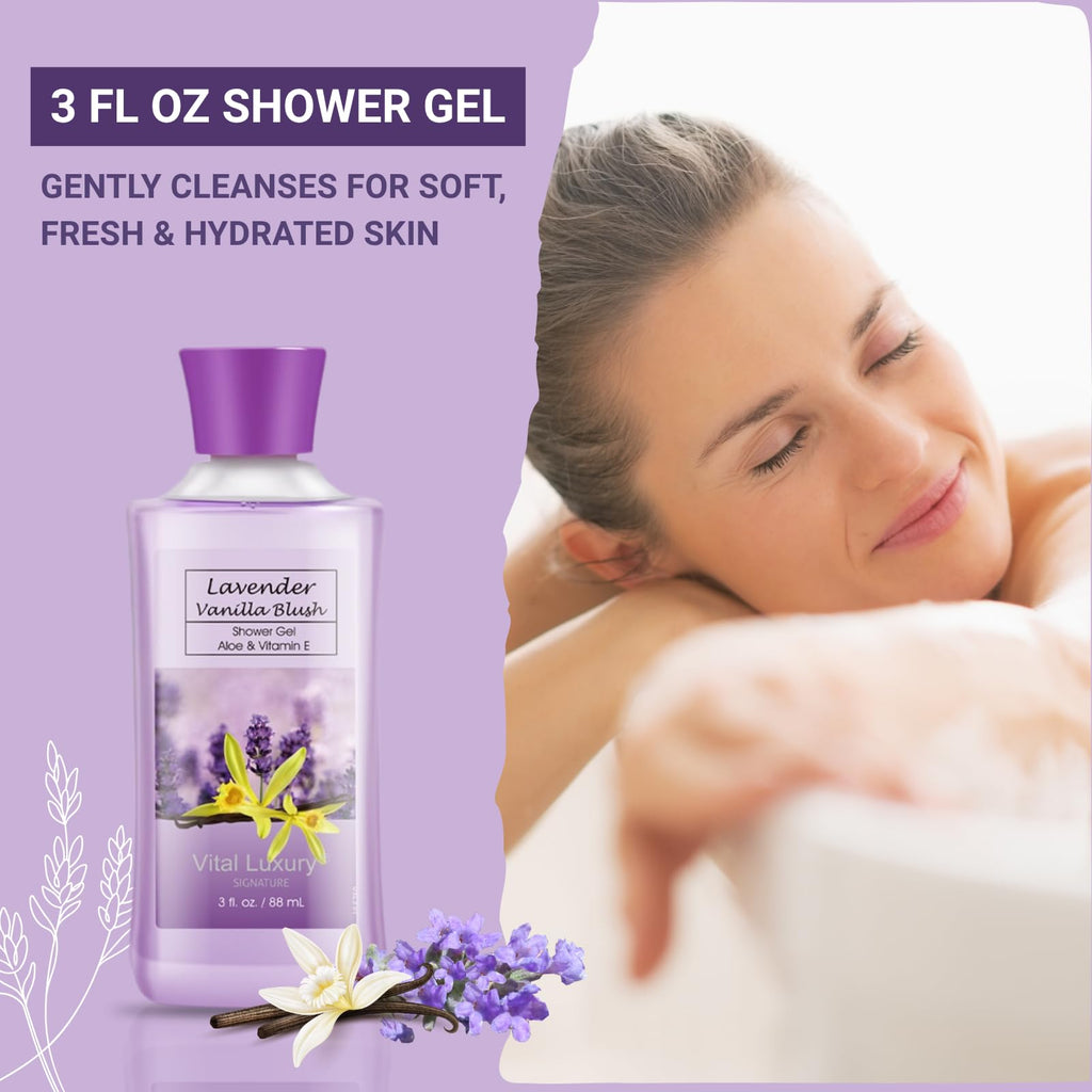 Bath and Body Spa Gift Set for Women, 4PC Lavender Vanilla Blush Self Care Travel Kit - Shower Gel, Lotion, Hand and Body Cream, & Body Mist, 3 Fl Oz Each, Pamper Gift for Mom Wife Girlfriend Sister