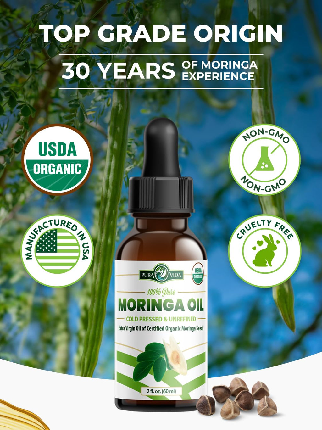 USDA Organic Moringa Seed Oil: 100% Pure, Cold Pressed, Unrefined Moringa Oleifera Seed Oil. 2 oz Bottle with Treatment Pump. For Skin and Hair - Food Grade for Oral Consumption