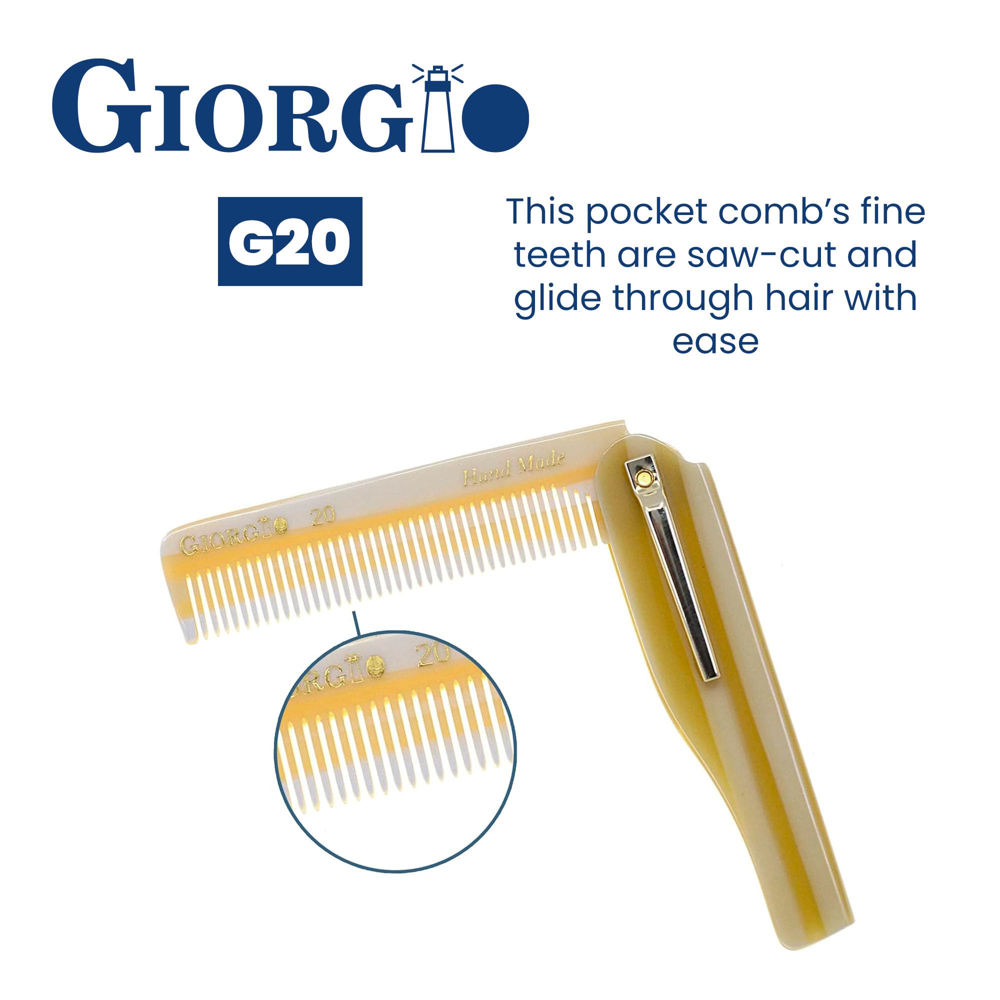 Giorgio G20 IVY Folding Fine Tooth Mustache and Beard Comb 6.5 Inches - Sawcut and Hand Polished Ivory Styling and Travel Comb for Everyday Hair Care
