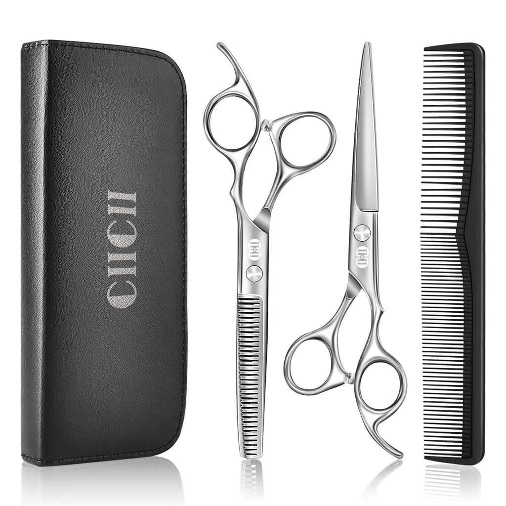 CIICII Hair Cutting Scissors Shears Kit, 6.7″ Barber Scissors Set (Silver)