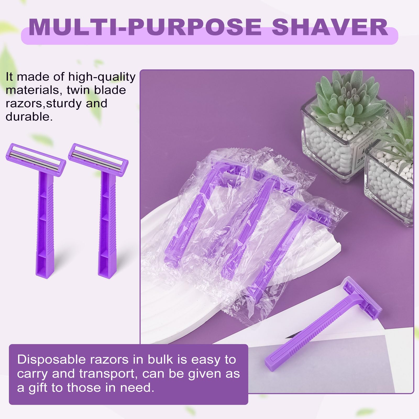 Fafortune Women's Disposable Razors Individually Wrapped Twin Blade,Disposable Razors Women Bulk with Clear Safety Cap for Men Women Camping Traveling Home Bathing Hotel (purple, pack of 30)