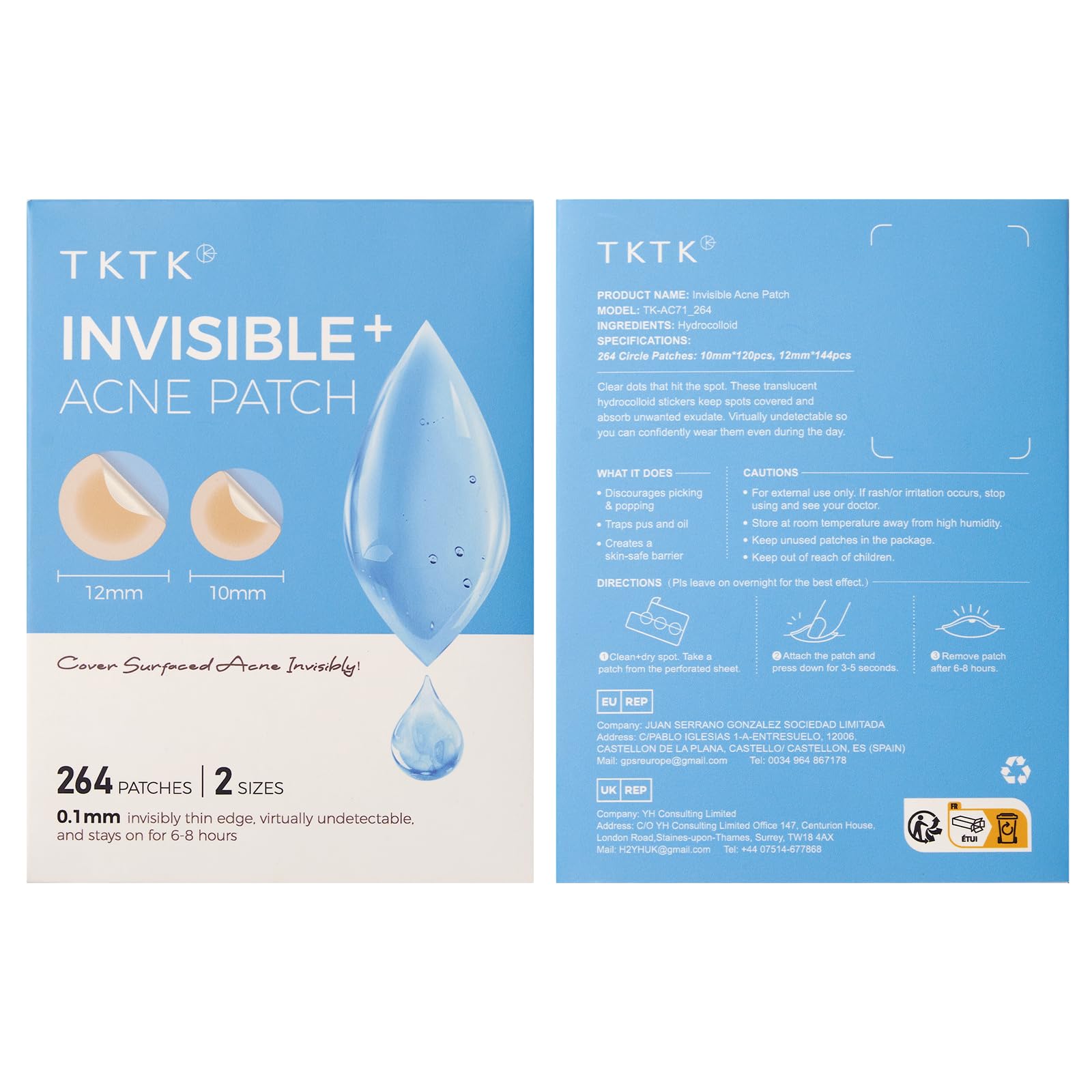TKTK Pimple Patches for Face, 0.01cm Ultra-Thin Invisible Acne Patches, Hydrocolloid Patches for Breakouts, Absorbs Zits & Blemish, Suitable Under Makeup, 2 Sizes(10mm/12mm) 264 count