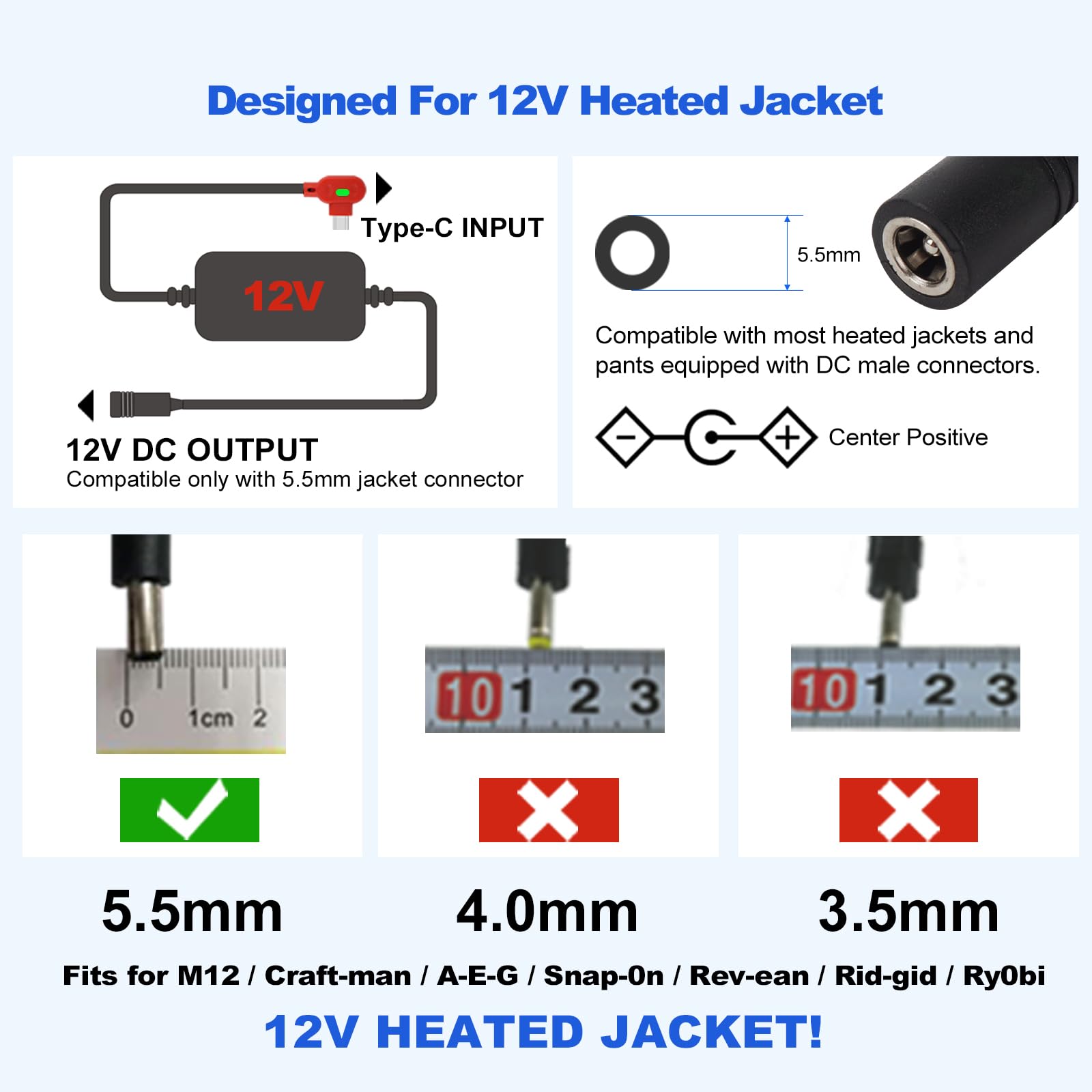 Smarkey Heated Jacket Battery Replacement QC3.0 PD Power Bank with Type C to DC5.5mm Output 12V Step-Up Adapter Battery Cable for Milwaukee M12,Makita, Snap-on, Metabo, Craftsman, AEG