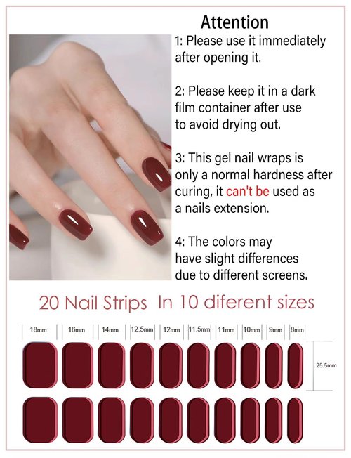 Semi Cured Gel Nail Strips, Wine Red 20pcs Adhesive UV Sticker, Wraps for Home Manicure DIY