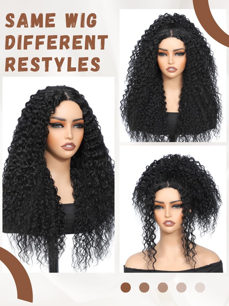 YKHJH 26 Inch Synthetic Lace Front Wig Black Curly Synthetic Wig Protein Fiber Like Human Hair, Glueless Water Wave Hair (Black)