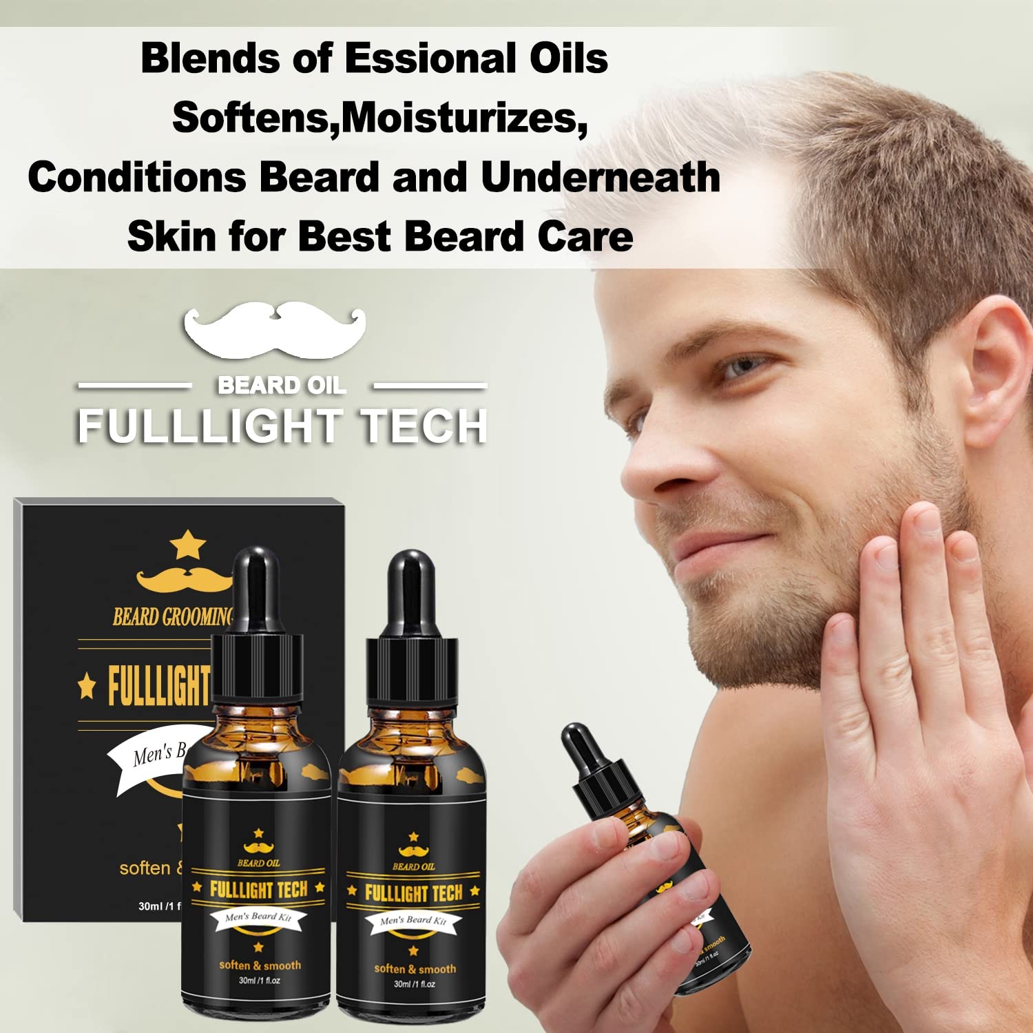 FULLLIGHT TECH 2 Pack Beard Oil for Men Growth 100% Natural Argan Oil,Jojoba Oil Leave in Conditioner Softener for Mustache Grooming Moisturizing