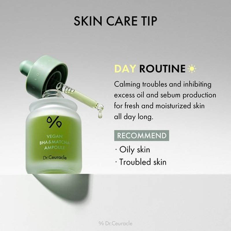 Dr.Ceuracle Vegan BHA & Matcha Ampoule - Gentle Exfoliating Facial Serum, Salicylic Acid for Pores and Sebum Treatment, Korean Skincare for Stocking Stuffers (30ml / 1.01 fl. oz.)