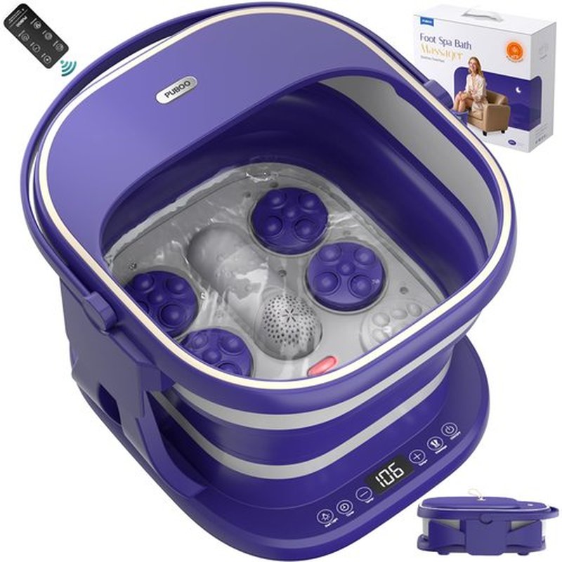 Puboo Collapsible Foot Spa Bath Massager with Heat, 95-115°F Precise Temp Control, Motorized Massage Rollers, Heated Foot Bath Soak Tub, Fits US Men’s Size 11