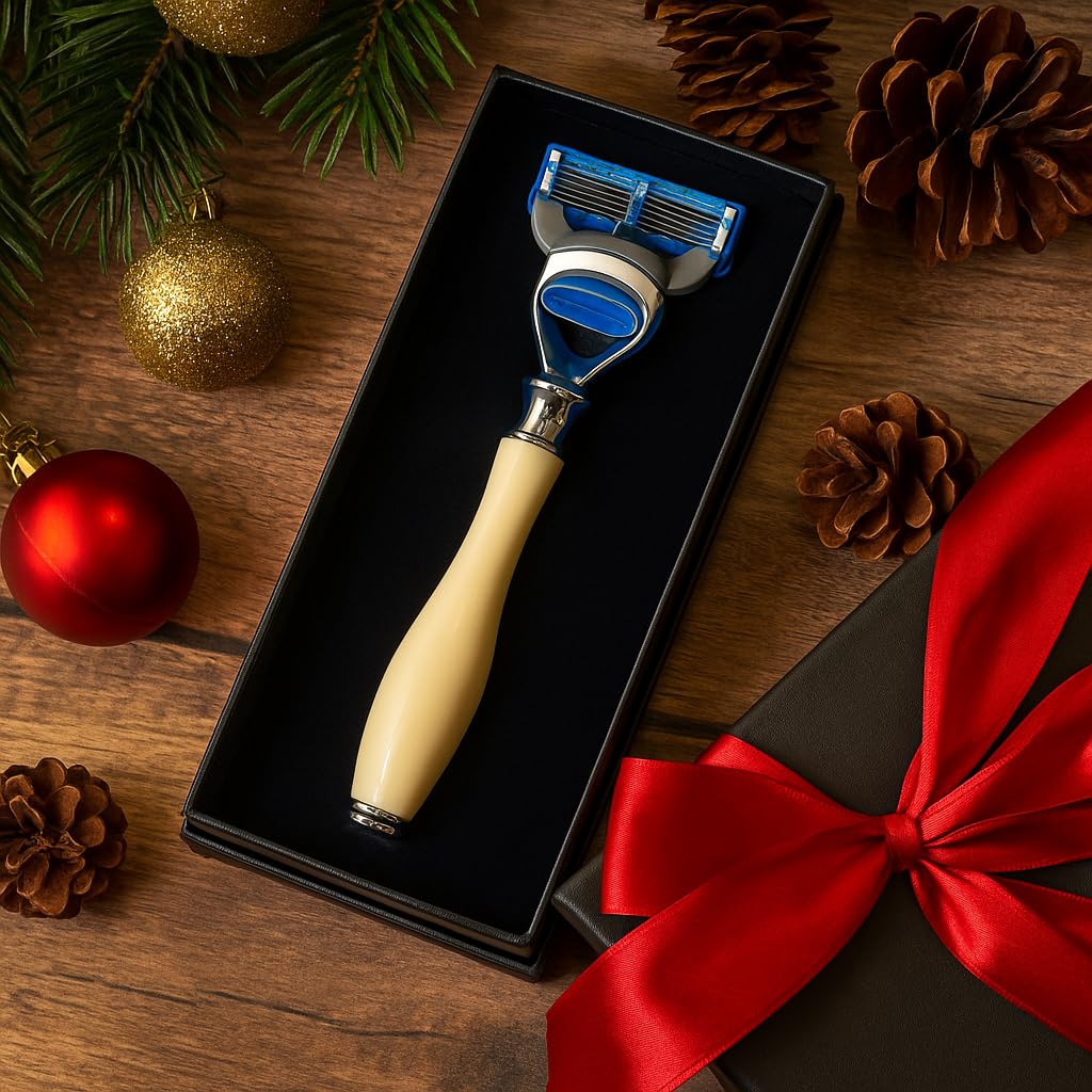 GENTS Men's Shaving Kit - 5 Blade Fusion Compatible Razor with Faux Ivory Handle, Sandalwood Shave Cream, Leather Case & Refill Cartridge - Premium Gift Set