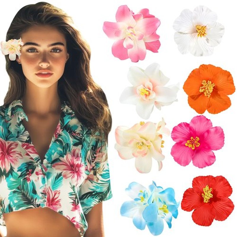 8 Pcs Hawaiian Flower Hair Clips for Women, 2 Styles Artificial Flower Clips 3.5 Inch Plumeria Hibiscus Hair Clip Hair Accessories for Beach Vacation Party