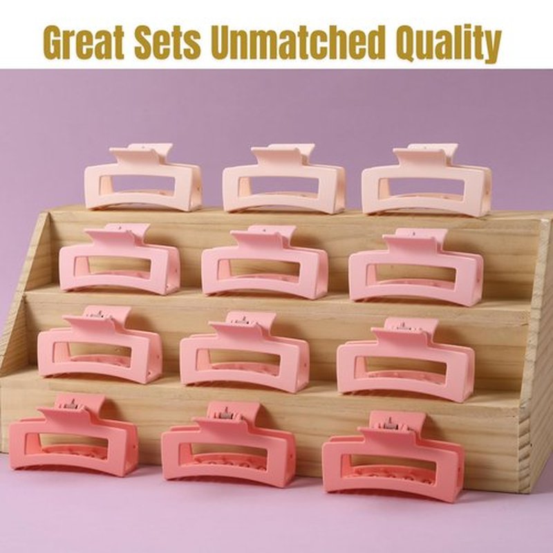 12 Pcs Pink Medium Hair Claw Clips for Women, 3.5 Inch Matte Square Jaw Clips, Strong Hold Non-Slip Hair Clips for Thick and Thin Hair