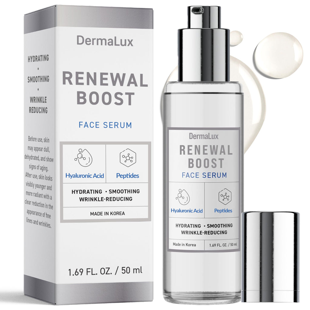 DermaLux Hyaluronic Acid & Peptides Face Serum - Dermatologist Tested, Anti-Aging, Korean Skin Care, Hydrates Smooths Firms – Clean Vegan Beauty for Dry Sensitive Skin – 1.69 Fl Oz
