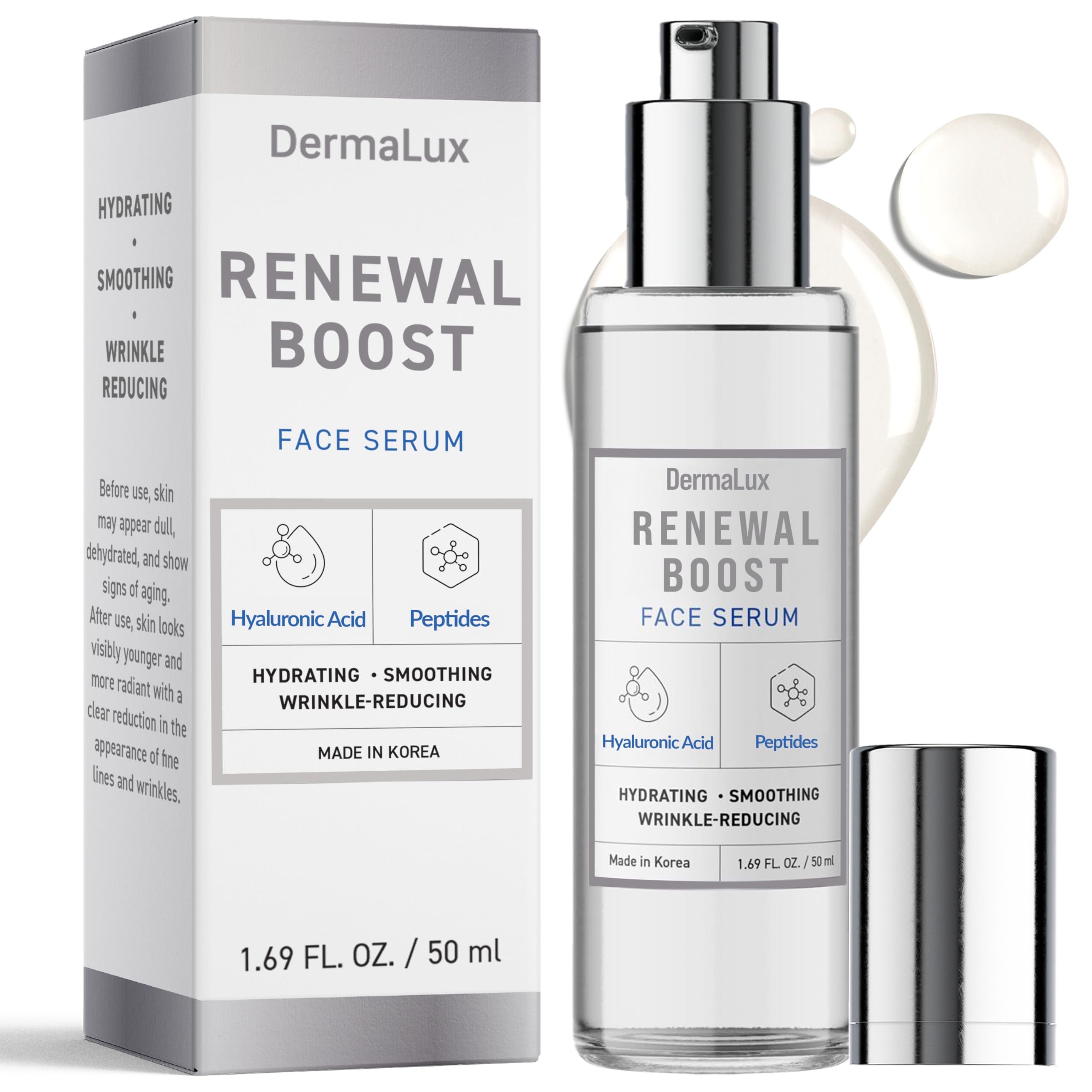 DermaLux Hyaluronic Acid & Peptides Face Serum - Dermatologist Tested, Anti-Aging, Korean Skin Care, Hydrates Smooths Firms – Clean Vegan Beauty for Dry Sensitive Skin – 1.69 Fl Oz