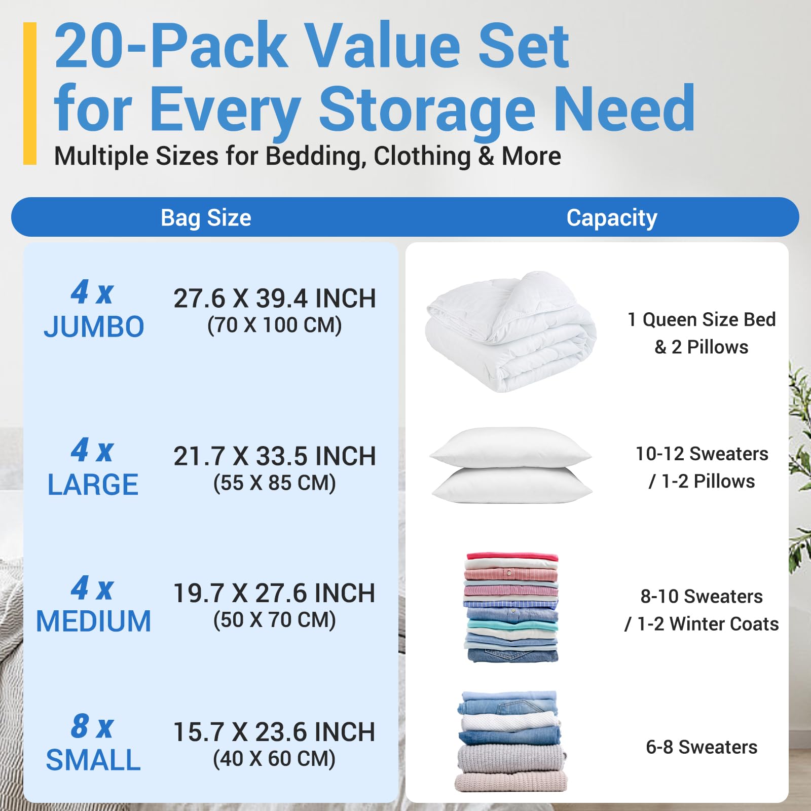 Fygrip Vacuum Storage Bags with Hand Pump, Plastic Packaging Bags, 80% Space Saver Vacuum Seal Bags for Clothing, Travel Lugggage, Blankets, Comforters, 20 Combo