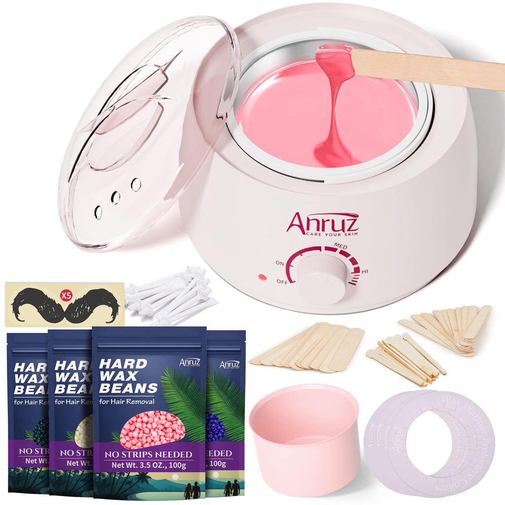 Anruz Waxing Kit for Women Men, 500ML Wax Warmer Kit with Silicone Bowl, 4 Bags Hard Wax Beads and 40 Sticks, Hair Removal Wax Kit for Brazilian Bikini, Face, Eyebrow, Nose, Sensitive Skin, Pink