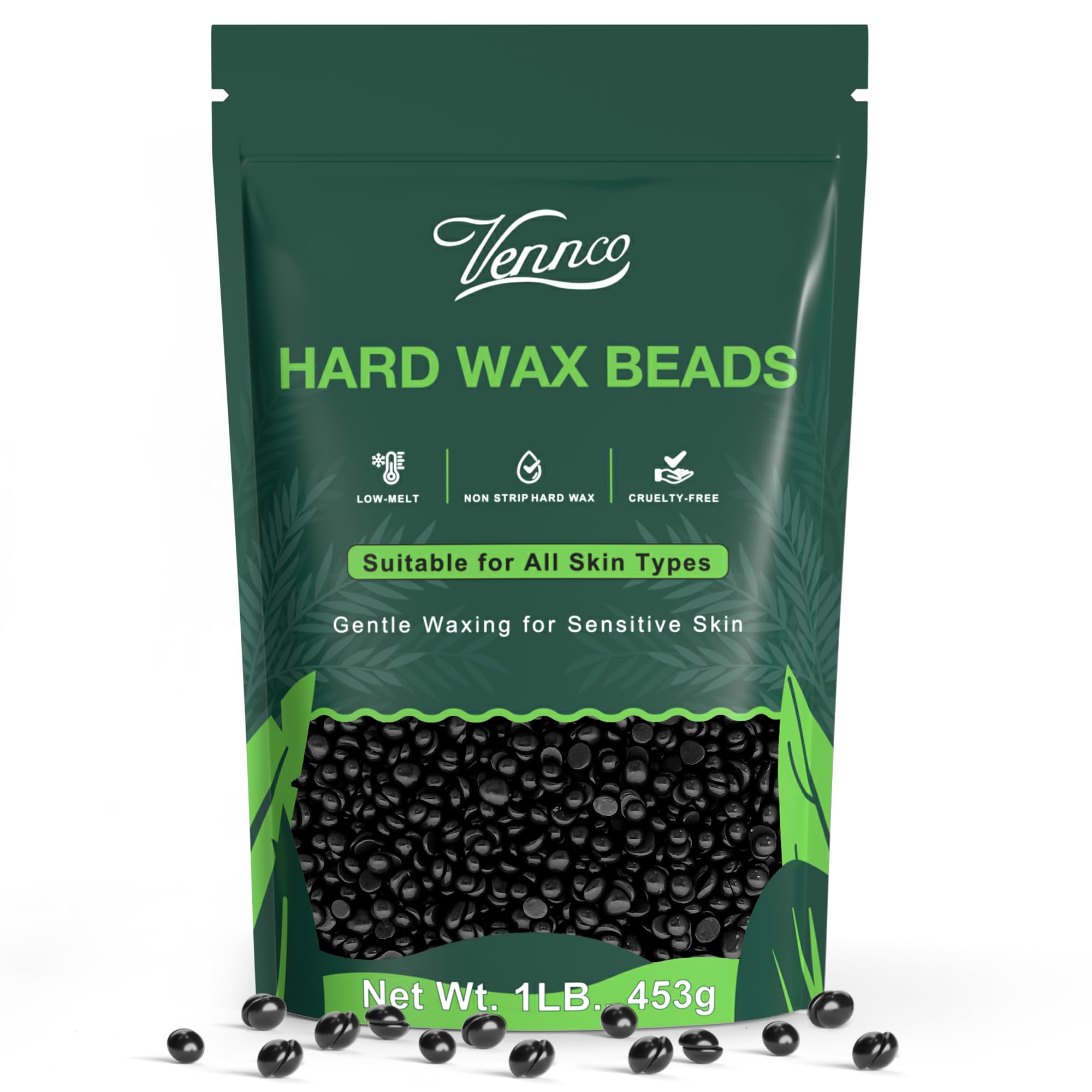 VENNCO Hard Wax Beads, 1lb Black Wax Beans for Hair Removal, Stripless Waxing Beads for Bikini,Chest Back and Full Body Use, Low Temperature Hard Wax Designed for Brazilian Waxing and Coarse Hair