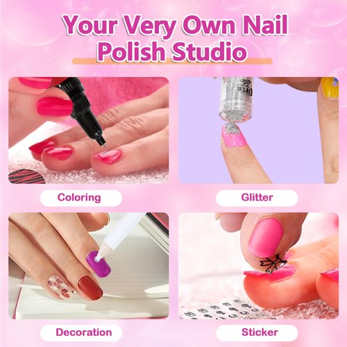 8-Count Nail Art Pen Set for Kids, Non-Toxic Nail Polish & Glitter with Doodle Tip, Nail Art Kit for Girls 7-12, Birthday for 8-12, Toys for 10 Year Olds, Includes Stickers, Gems