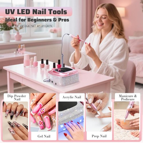 2-in-1 Rechargeable Cordless UV LED Nail Lamp & Electric Nail Drill Kit with Auto Sensor, LCD Display,45000 RPM Professional Gel Nail Dryer Machine for Home Salon Use & Training Nail Art Practice