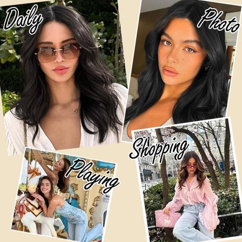 QJBMHH Black Wigs for Women 18 Inch Medium Length Short Wavy Wig Middle Part Synthetic Heat Resistant Natural Looking for Daily Party Halloween Use
