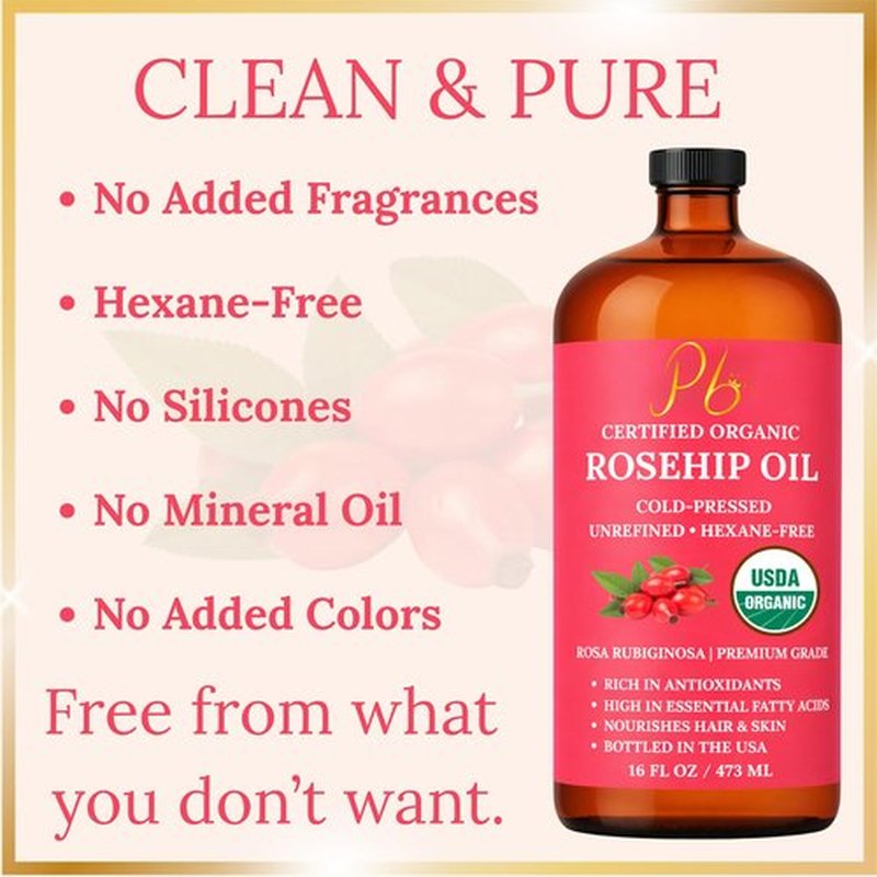 Pomberries Rosehip Seed Oil for Face, Skin & Hair – 100% Pure, Cold-Pressed & Unrefined USDA Organic Rosehip Oil – Helps Reduce the Appearance of Fine Lines & Wrinkles – 16 fl oz Glass Bottle