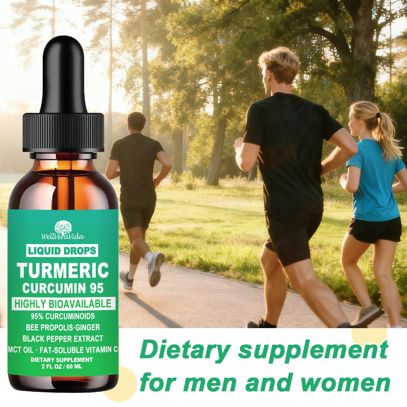 Turmeric Curcumin Supplement Drops with 95% Curcuminoids, Enhanced Absorption Liquid Turmeric Complex 1000mg w/Bee Propolis Ginger MCT Oil Vitamin C & Black Pepper for Joint & Immune Support | Non GMO